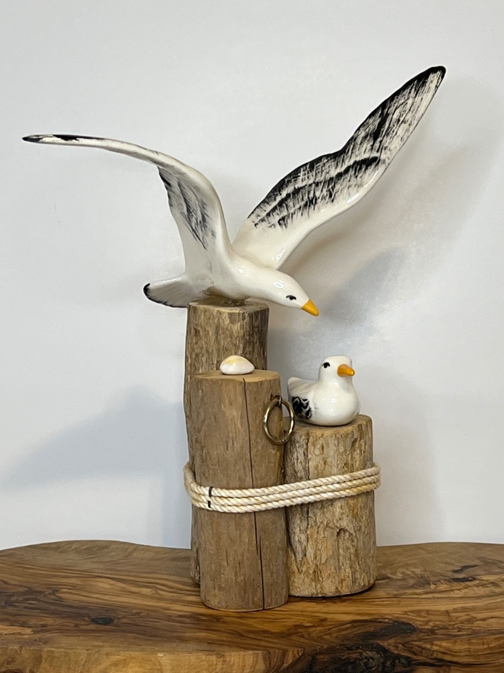 Handmade Seagull Ceramic Wood Bird Statue VANS Crafts Nautical Decor